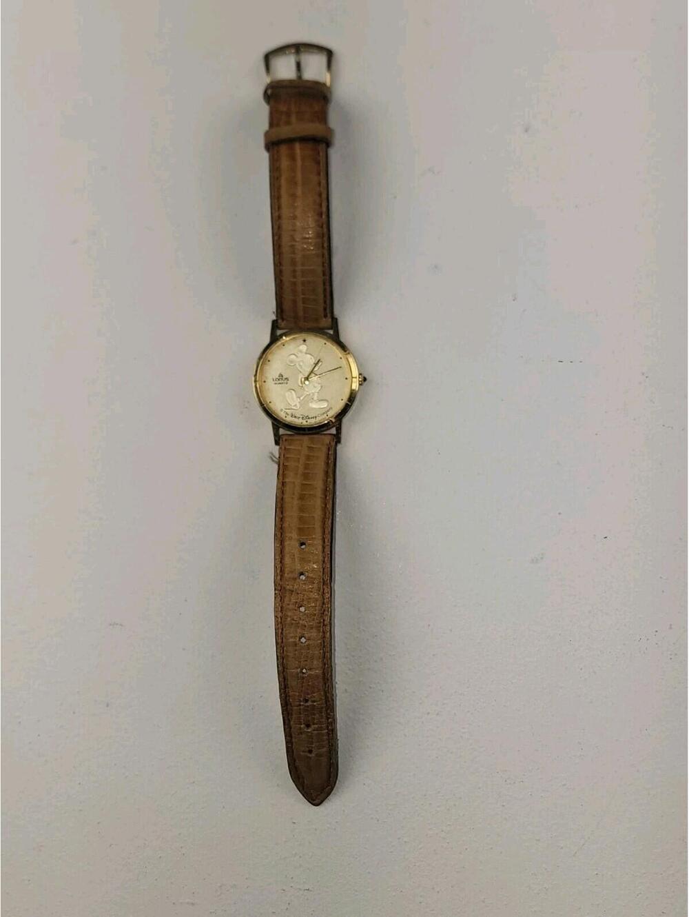 Lorus Mickey Mouse Y481-1720 RO Leather Band Gold Tone Face Watch AS IS